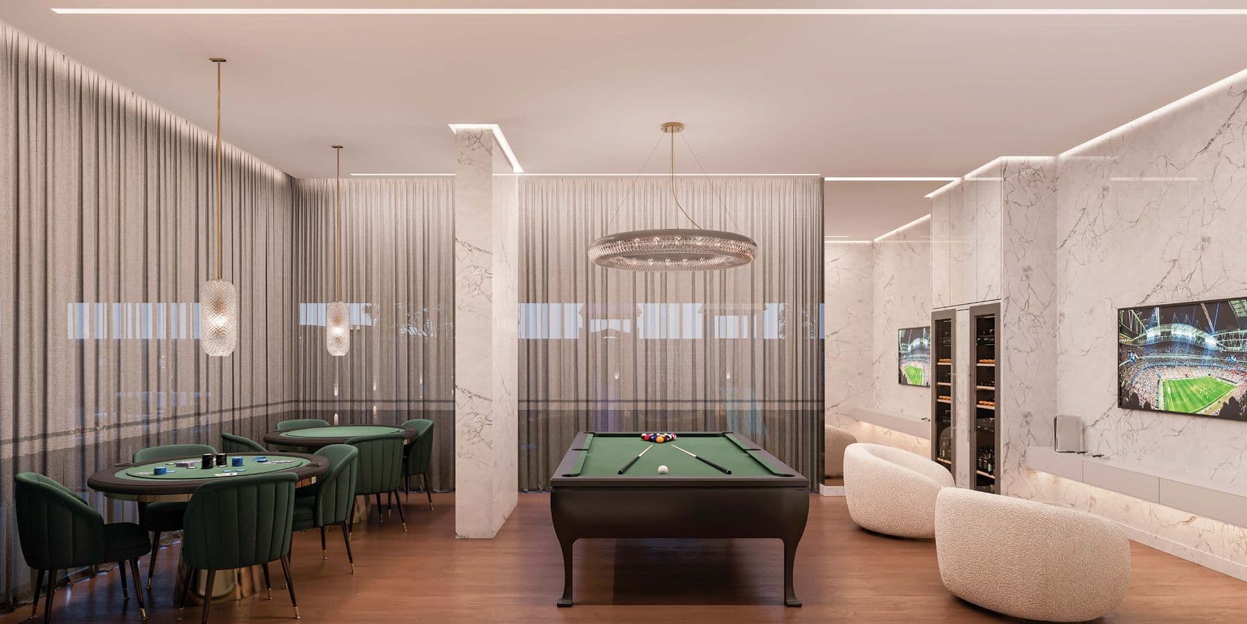 Sala de jogos com sinuca e mesas de carteado do Diamante Residence, em Itapema