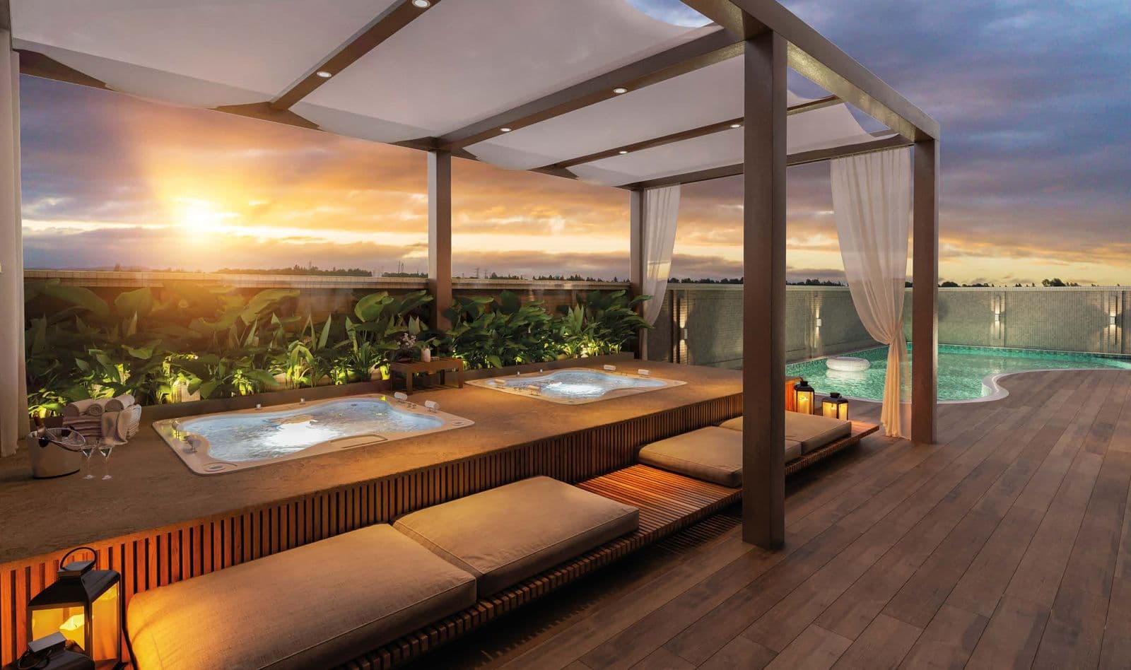 Hidro-spa externo do Diamante Residence ao pôr do sol, em Itapema