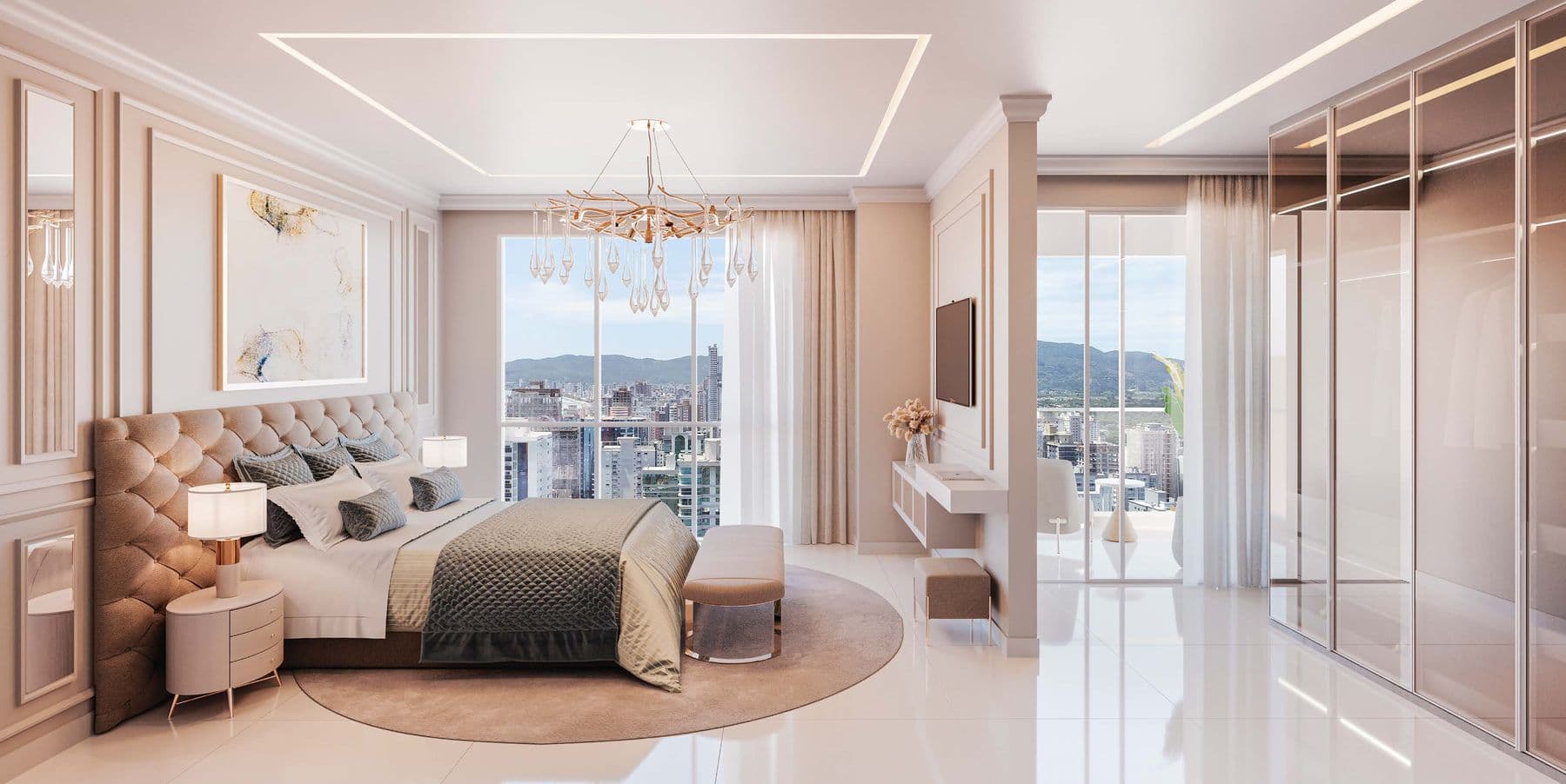Suíte master de 26,30 m² do penthouse do Diamante Residence, na Meia Praia, Itapema