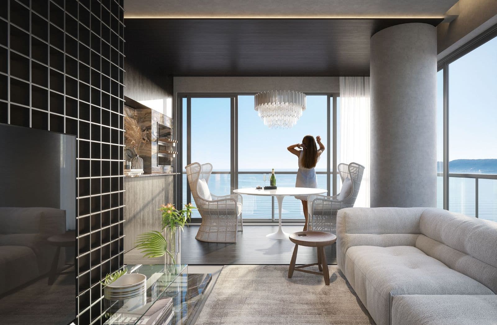 Living do apartamento do Du-Art Tower Residence com Balcony Juliet Glass aberto e vista para o mar de Meia Praia