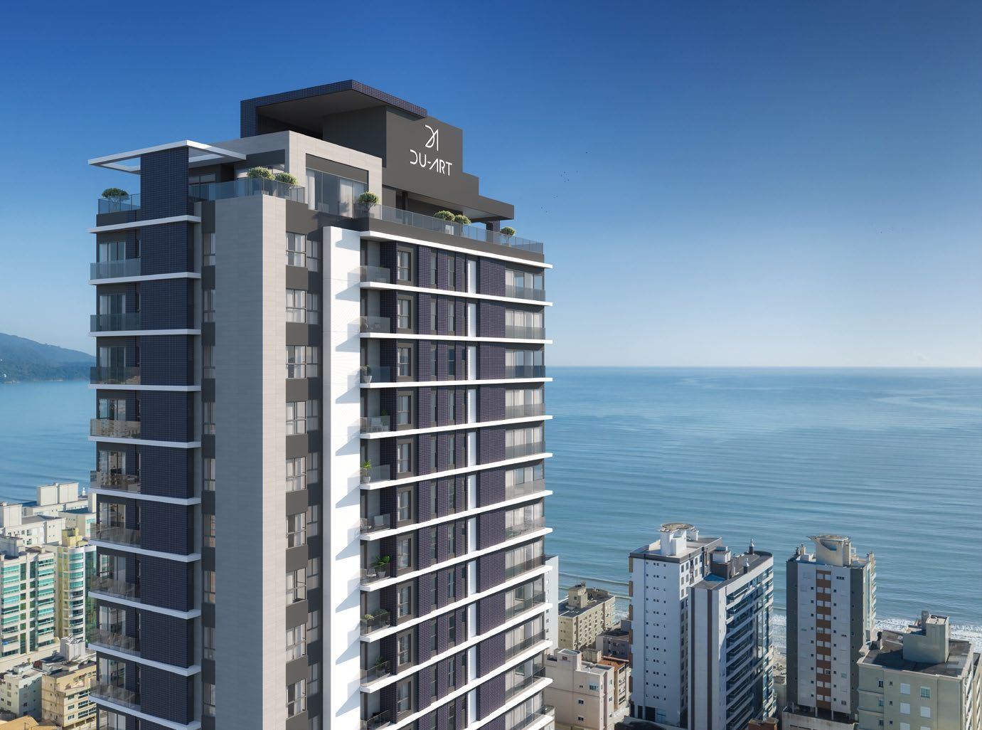 Fachada do Du-Art Tower Residence, torre de 31 andares na Meia Praia, Itapema, com o mar ao fundo