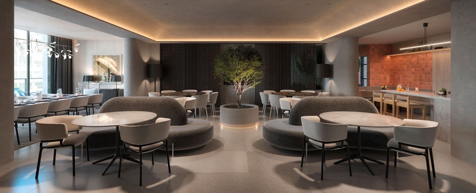 Salão de festas do Du-Art Tower Residence, inspirado em restaurantes cinco estrelas