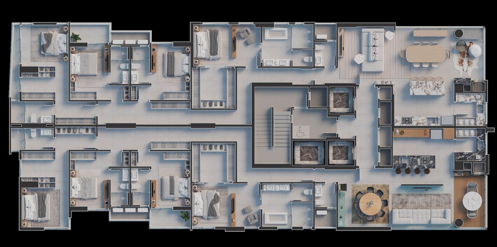 Plantas dos apartamentos Tipo 01 e Tipo 02 do Du-Art Tower Residence, ambos com 205 m² e 4 suítes