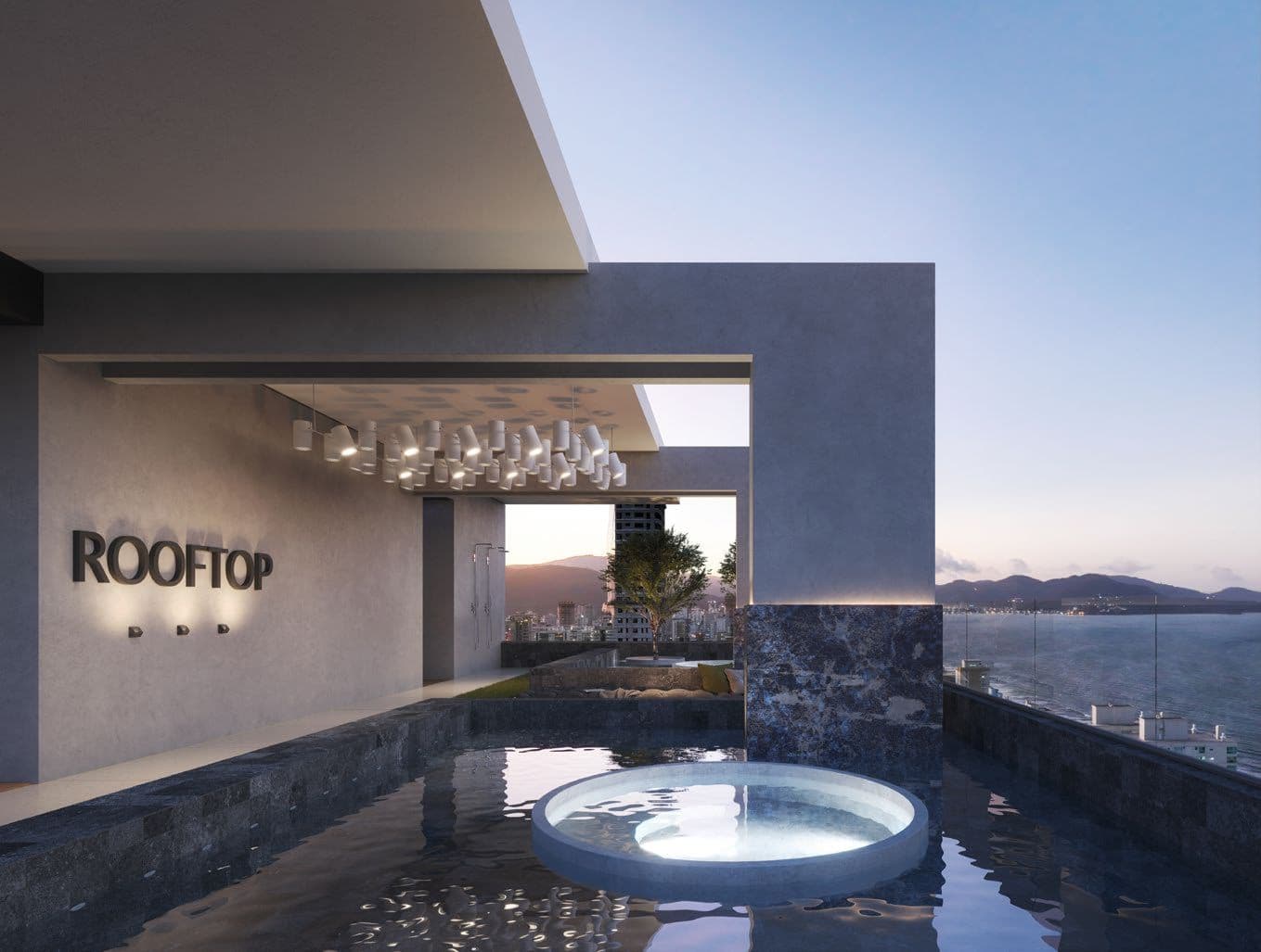 Banheiras spa do rooftop do Du-Art Tower Residence com vista para Itapema