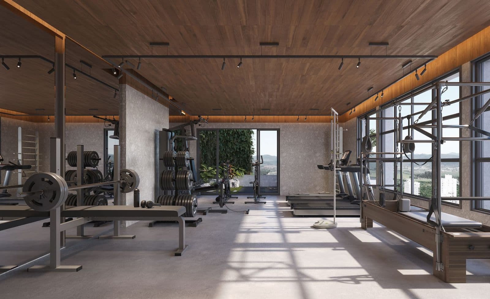 Sala fitness com pilates do Du-Art Tower Residence, com vista para o mar