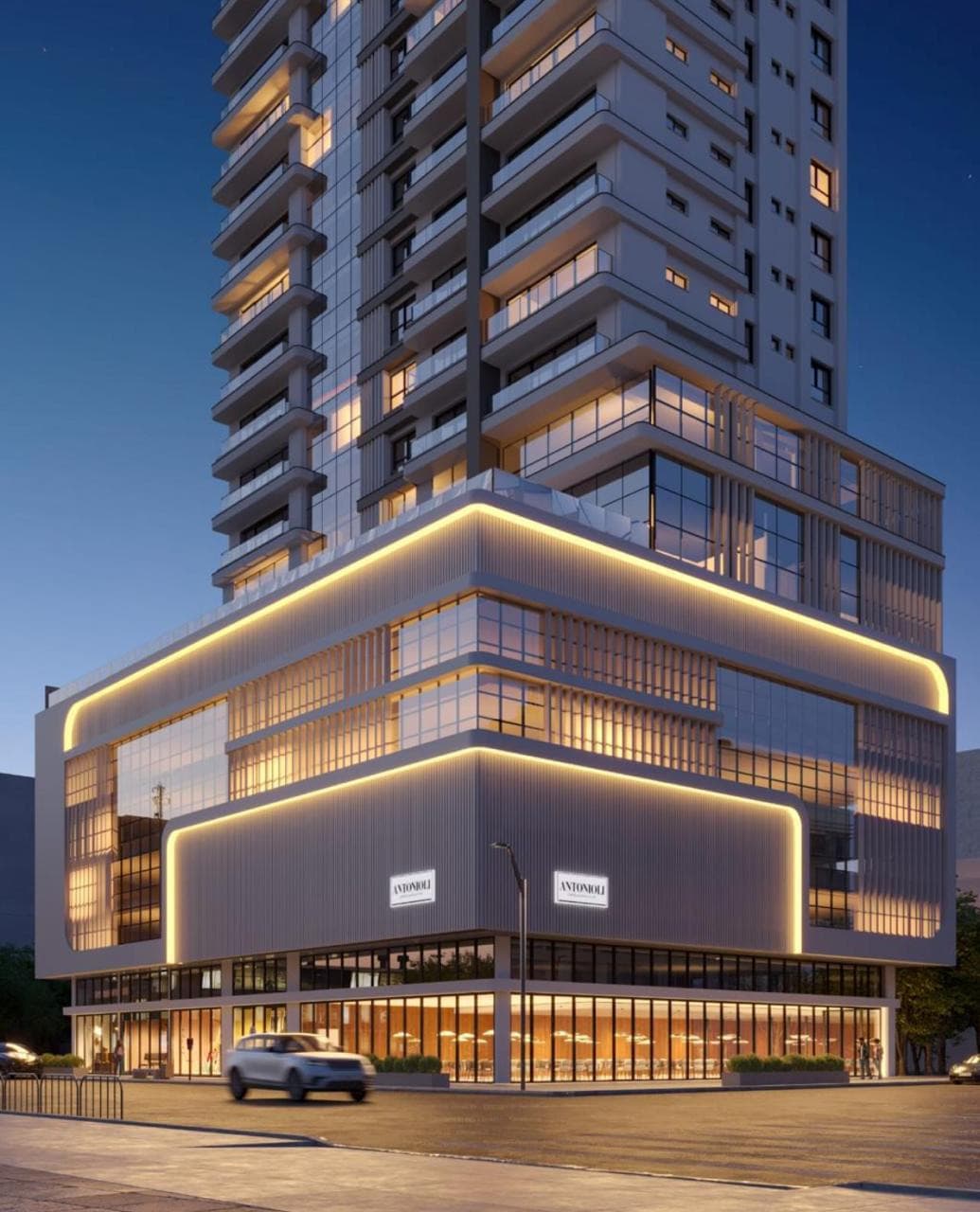 Embasamento iluminado do Eclipse Residences, na esquina da Segunda Avenida com a Rua 258