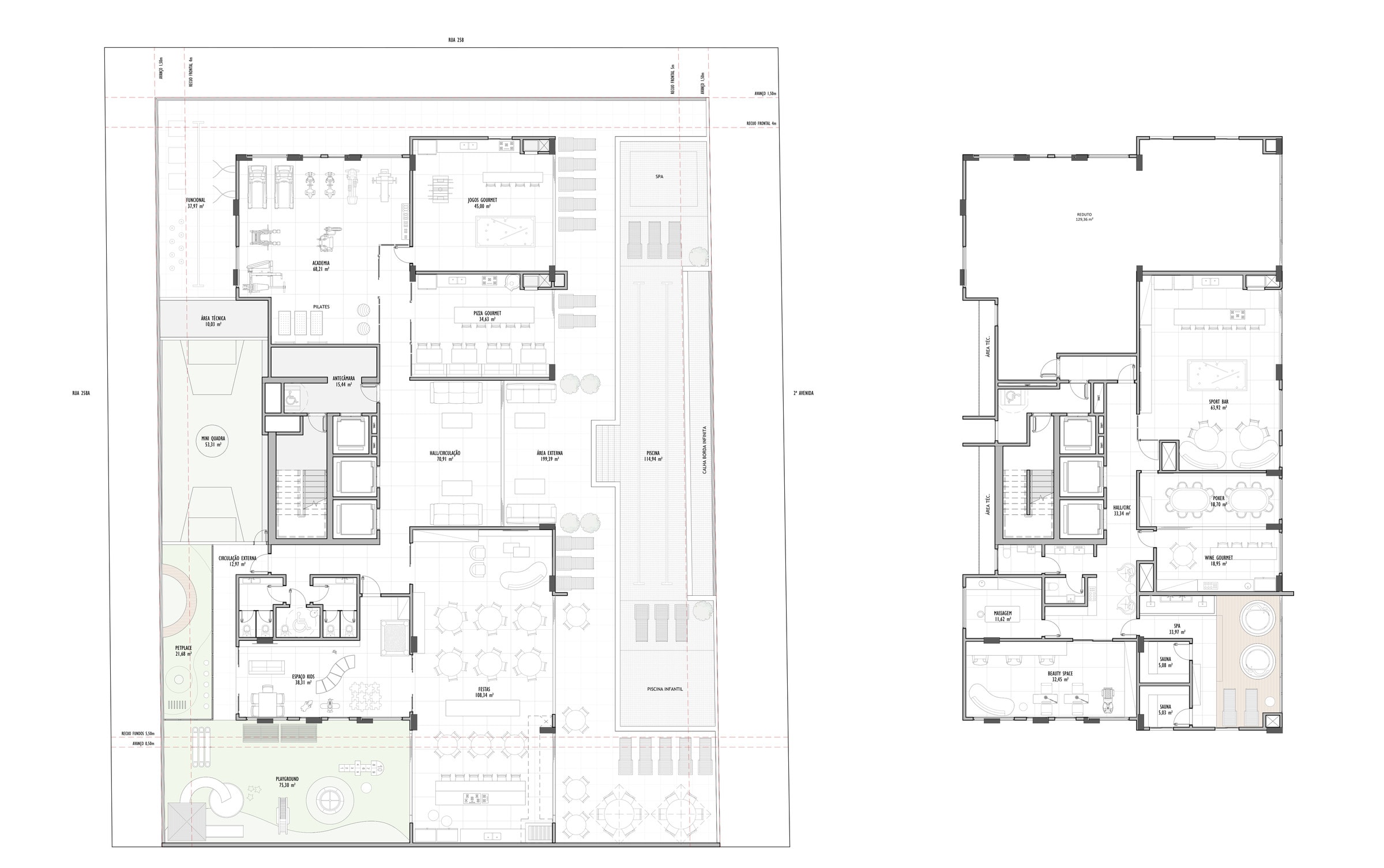 Planta dos dois pavimentos de lazer do Eclipse Residences, em Meia Praia, Itapema