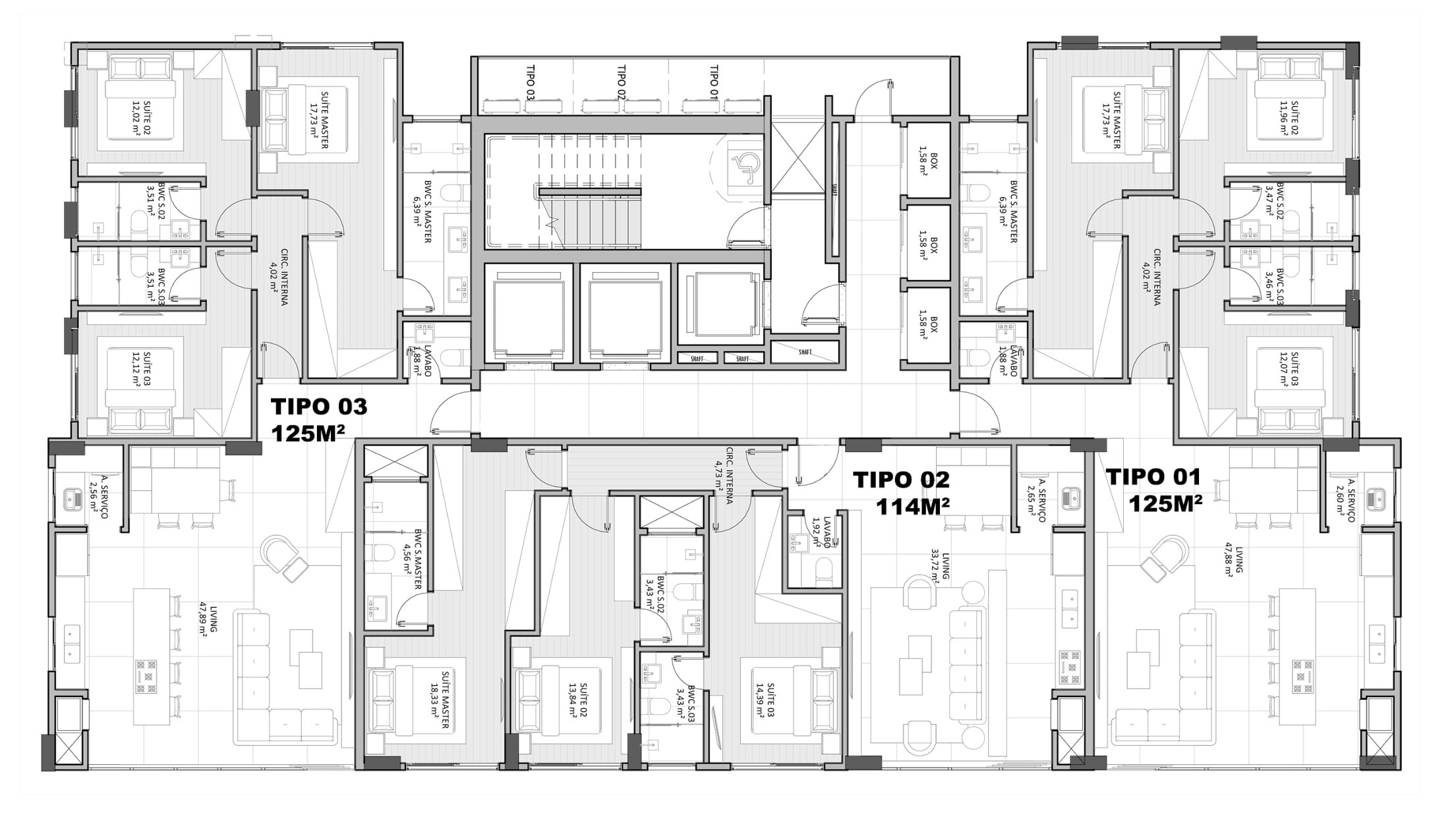 Planta do pavimento tipo do Eclipse Residences, com as três tipologias de 3 suítes