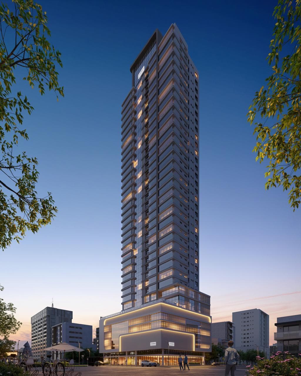 Torre do Eclipse Residences ao anoitecer, na Meia Praia, Itapema