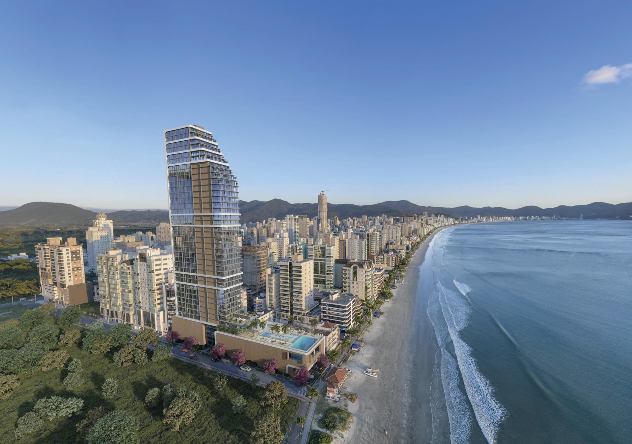 Vista aérea do Edify One, o prédio do Neymar, na orla frente-mar da Meia Praia, Itapema