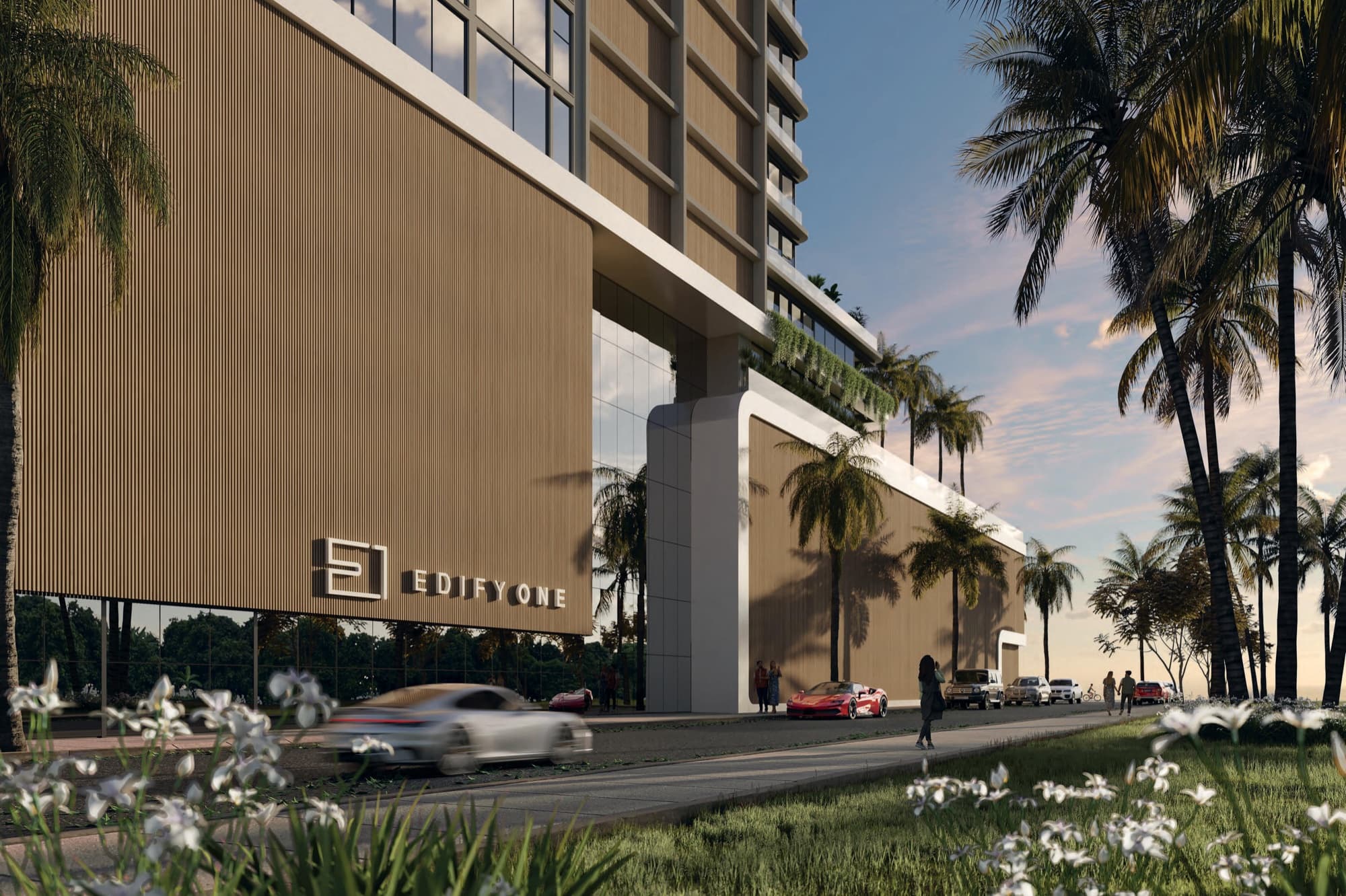Fachada em madeira do Edify One com o letreiro do empreendimento, Meia Praia