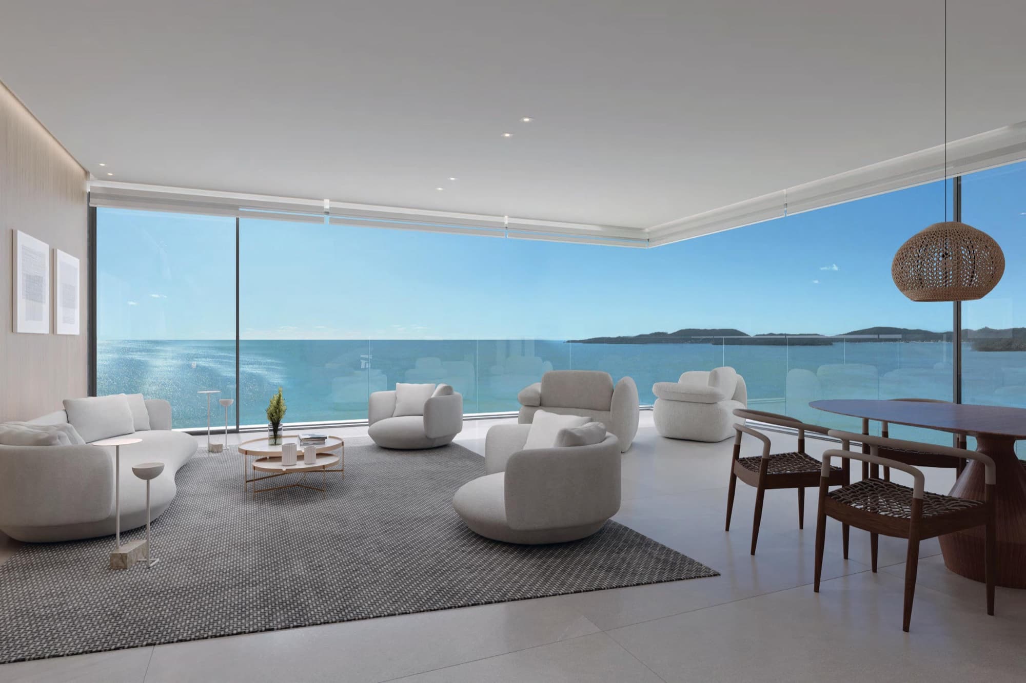 Living frente-mar de apartamento do Edify One, com vista deslumbrante para o mar de Meia Praia