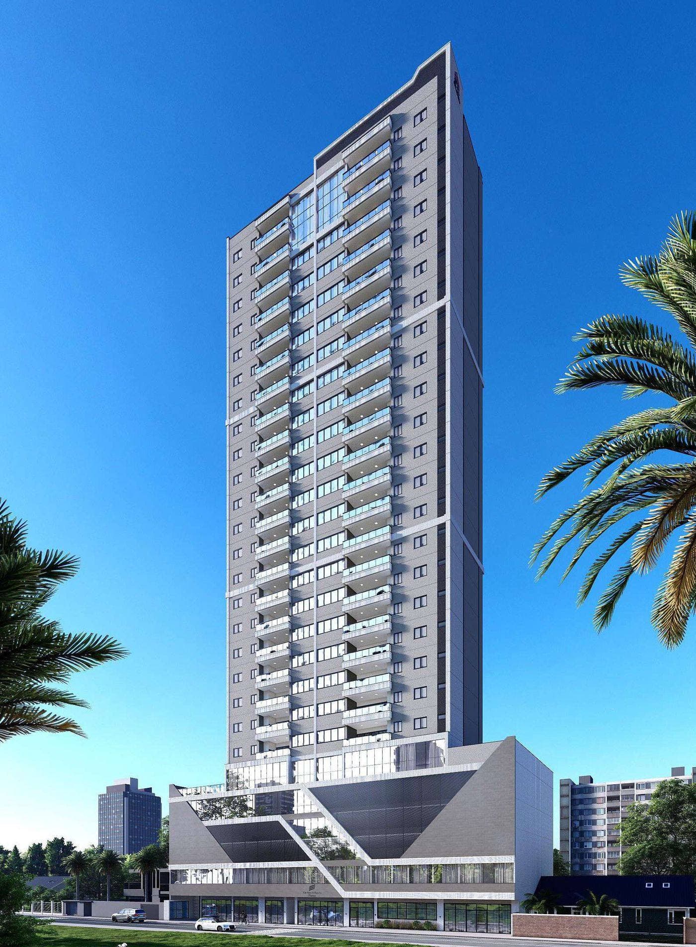 Fachada do Edir Russi Dellagnelo Residence, em construção na Rua 240, Meia Praia, Itapema