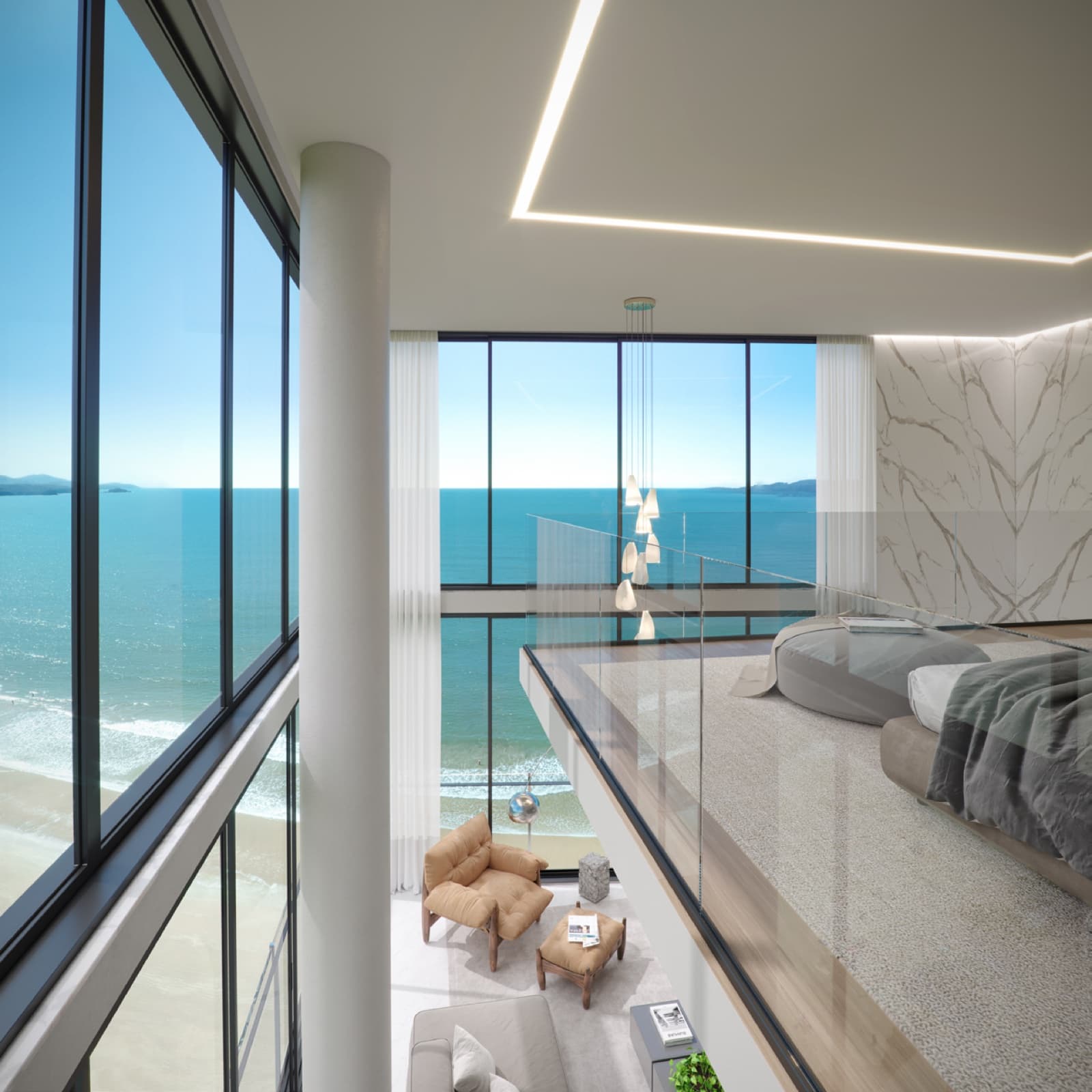 Cobertura duplex do Elysium com pé-direito duplo e vista panorâmica para o mar
