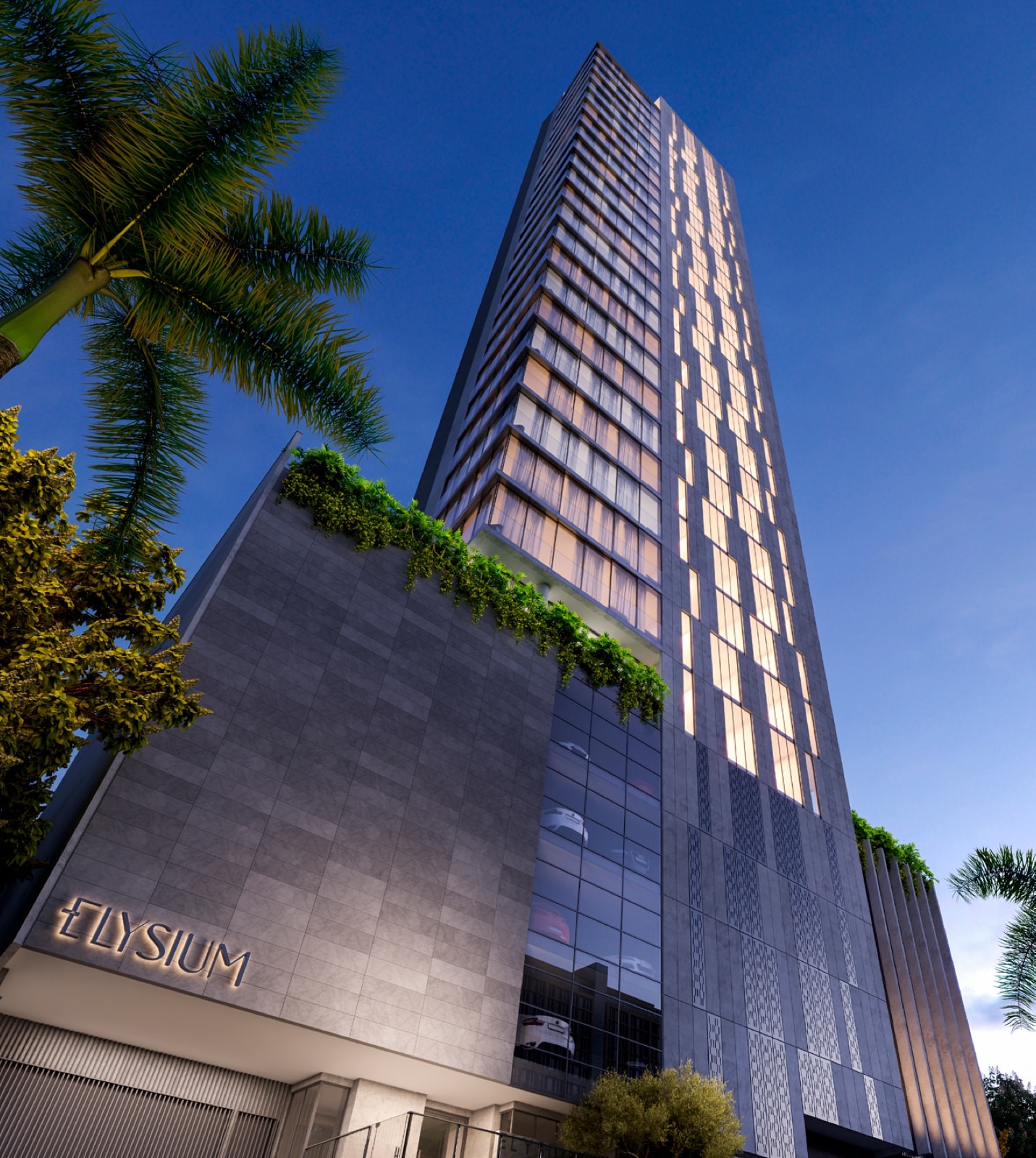 Fachada premiada do Elysium Residence na Meia Praia, Itapema, ao entardecer