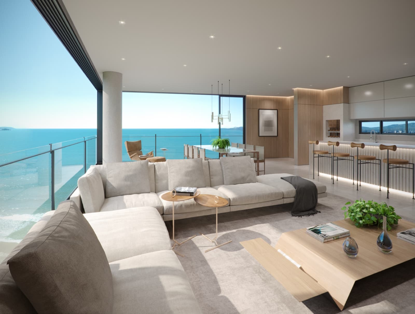 Living integrado do Elysium com vista frontal para o mar