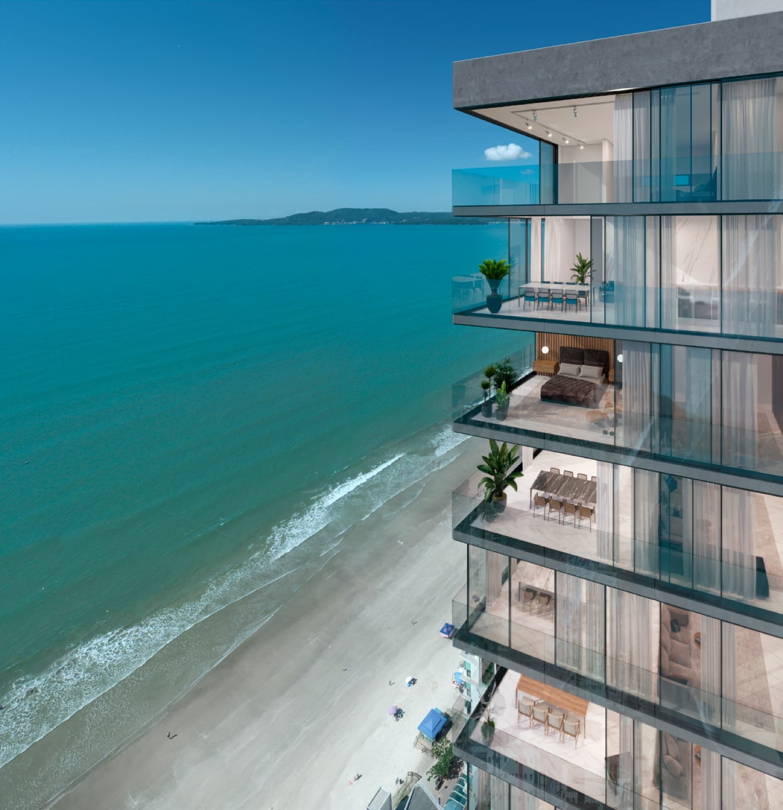 Varandas do Elysium Residence com vista frontal para o mar de Meia Praia