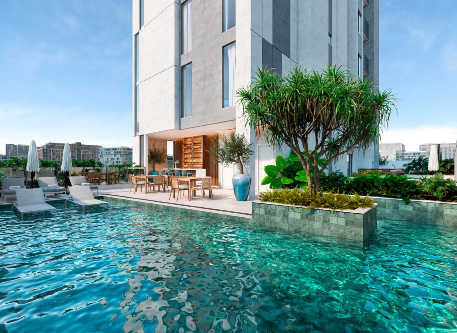 Piscina com deck e paisagismo do Elysium Residence