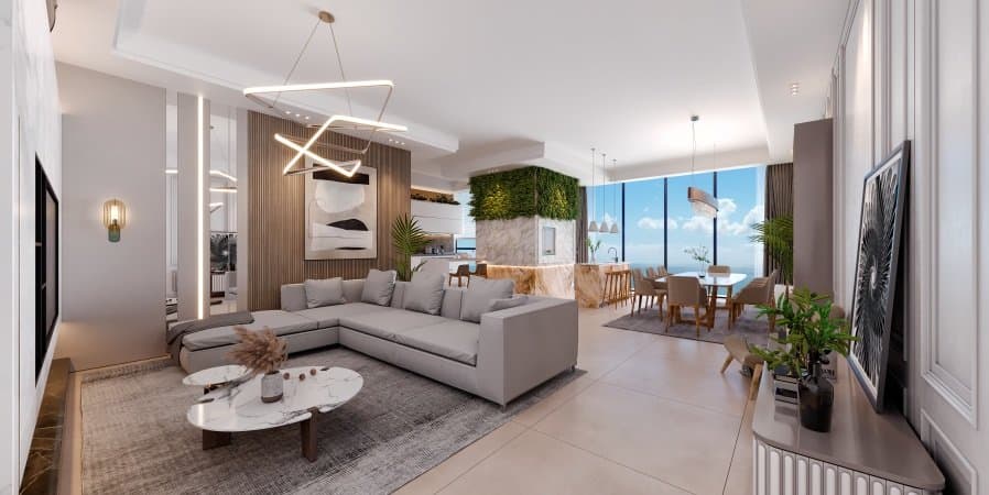 Living de um apartamento de três suítes do Empire 234