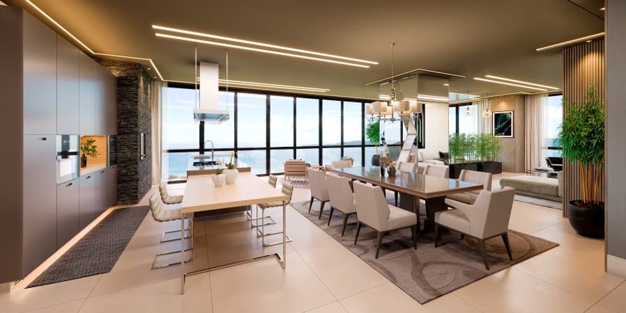 Living de um apartamento de quatro suítes do Empire 234, com pé-direito de 3,60 metros