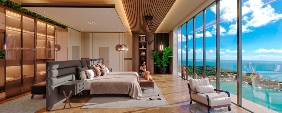 Suíte master de uma penthouse do Empire 234, com vista panorâmica para o mar