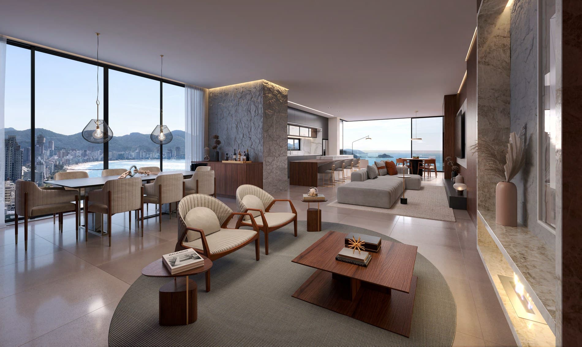 Living e jantar de um apartamento do Enseada Residence, em Meia Praia