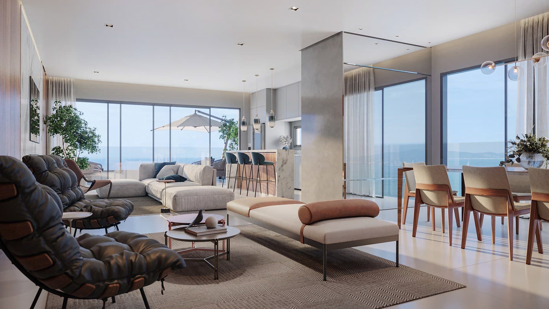 Living de um apartamento do Enseada Residence, com vista para o mar