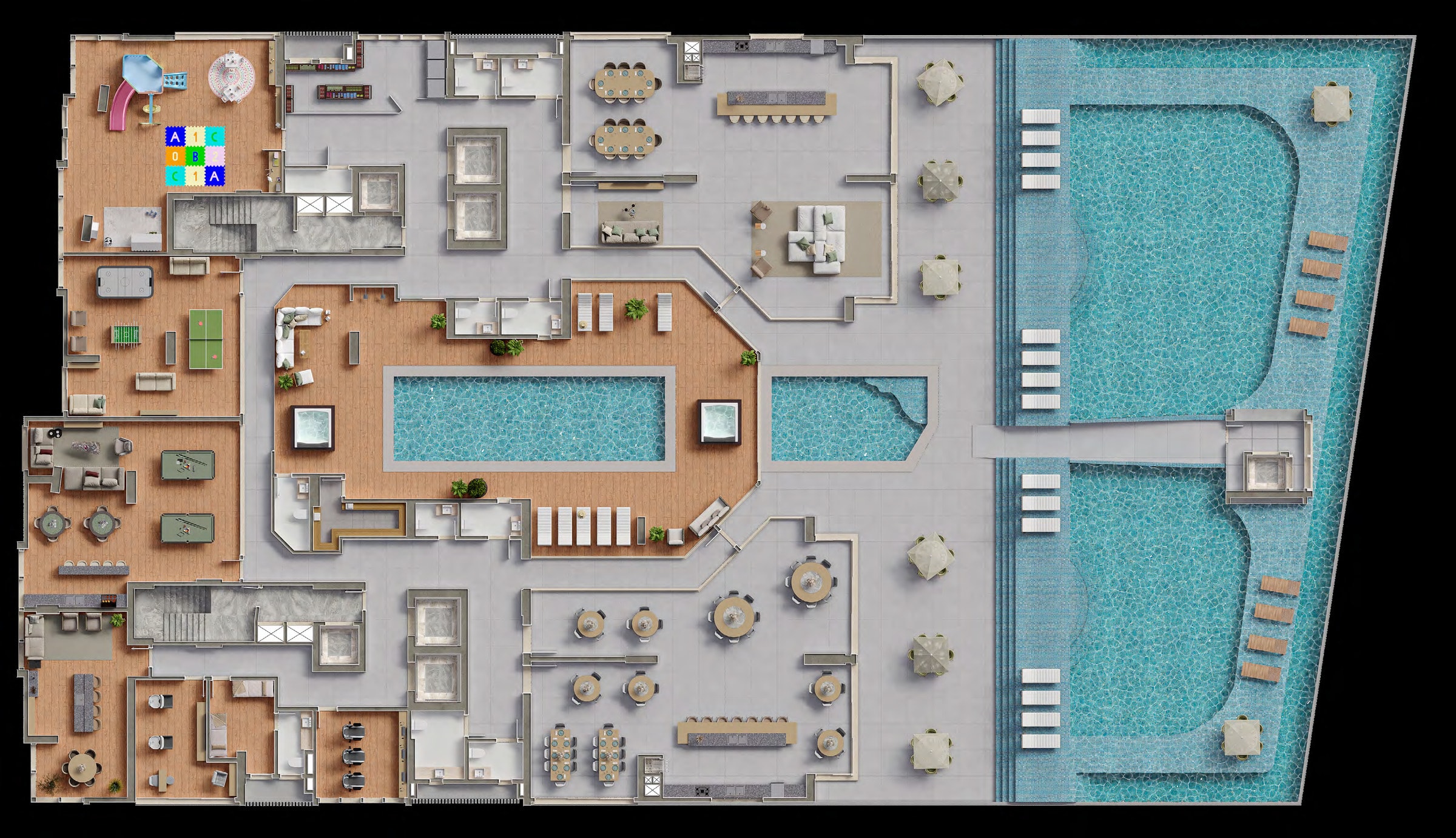 Planta do pavimento de lazer do Enseada Residence, com as piscinas voltadas para o mar