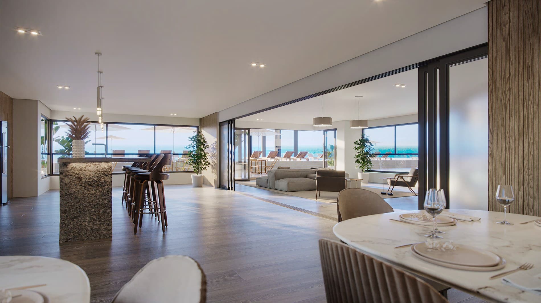 Salão de festas do Enseada Residence, com vista para o mar