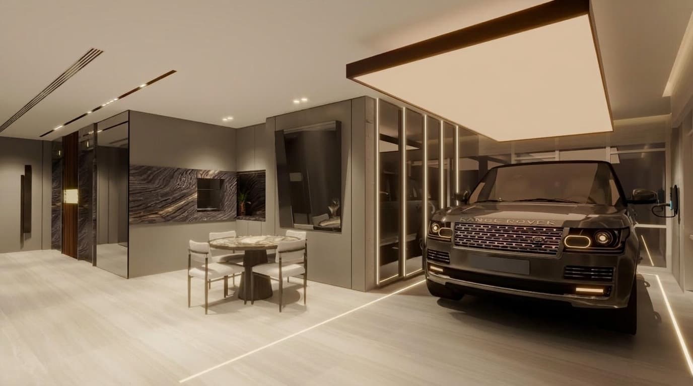 Garagem no andar do apartamento do Evolution Residence em Itapema — vaga privativa dentro do próprio pavimento, ao lado da sala de jantar