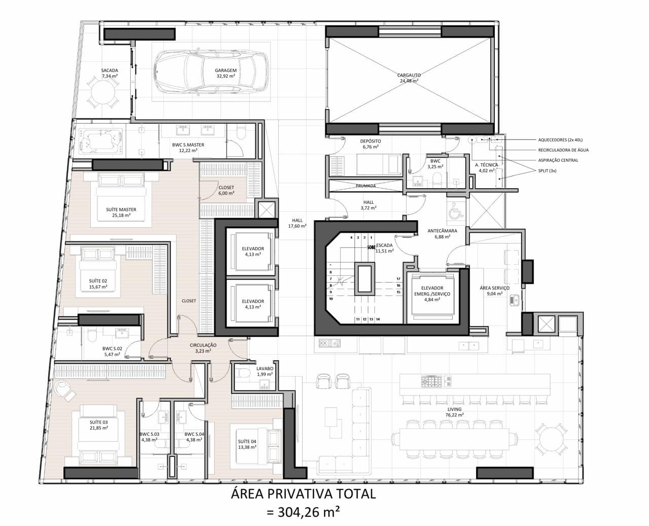 Planta técnica do apartamento tipo do Evolution Residence — 4 suítes, 304,26 m², garagem no andar com elevador de carro