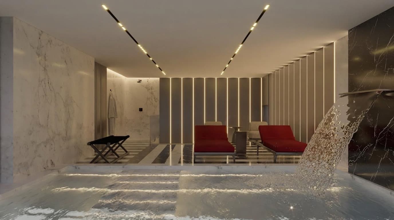 Spa do Evolution Residence com piscina coberta aquecida, cascata e paredes em mármore importado
