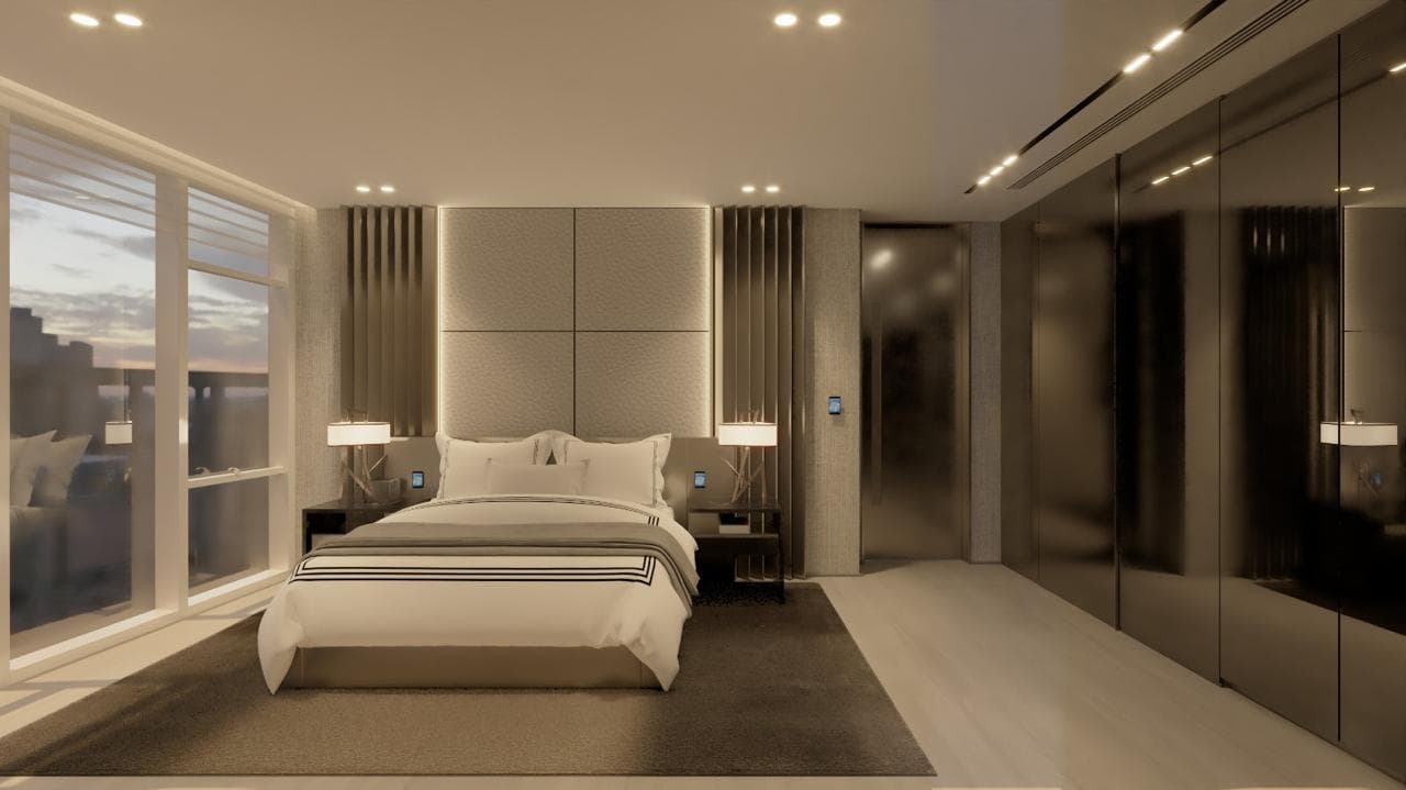 Suíte master do Evolution Residence com closet e acabamento de altíssimo padrão, água tratada por ozônio