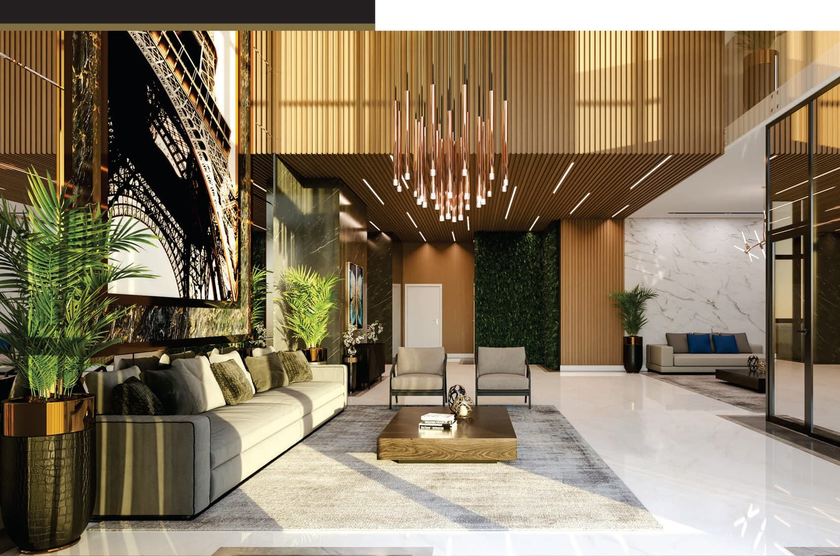 Hall de entrada com pé-direito duplo do Exclusive 275, em Meia Praia