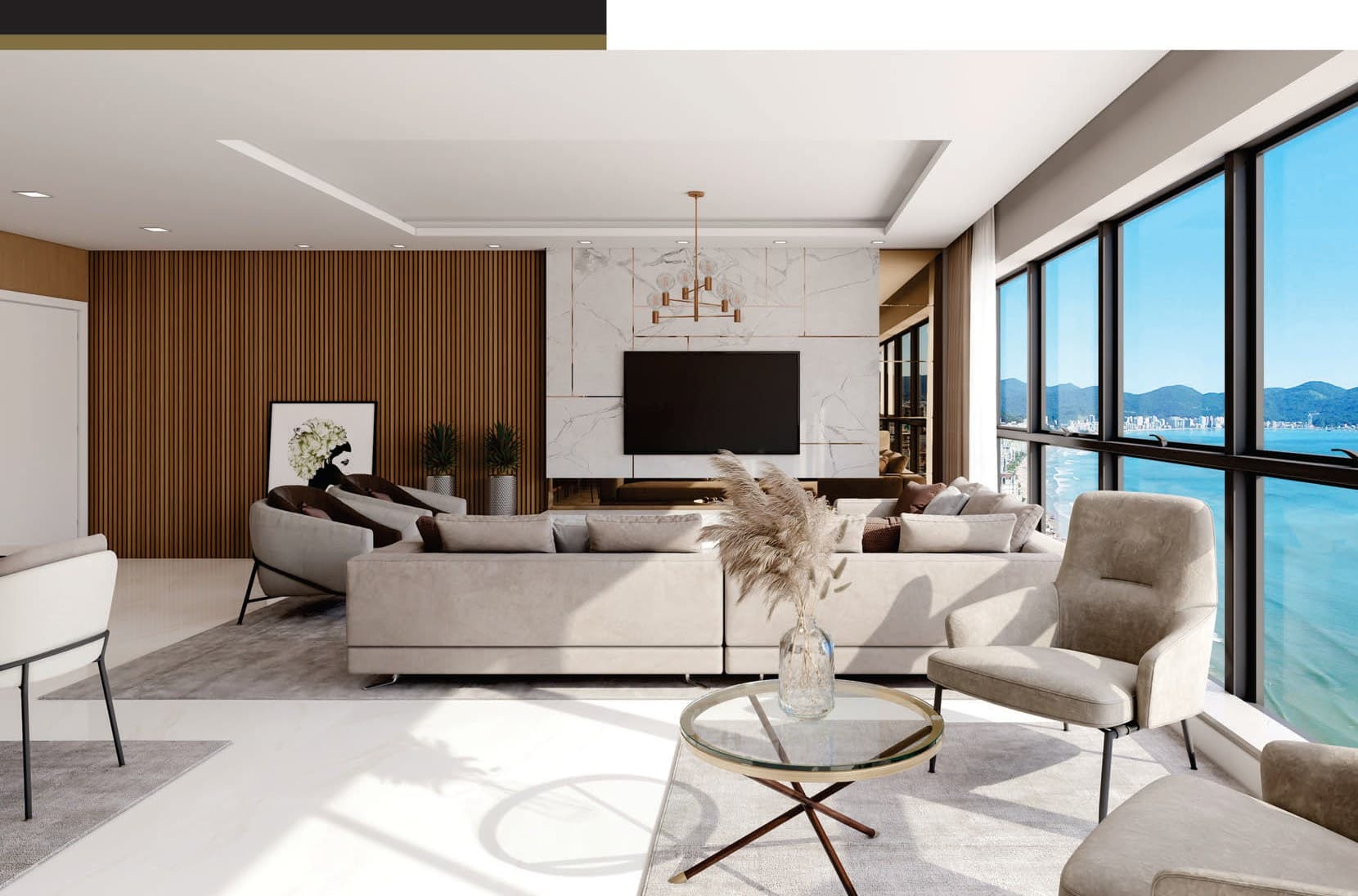 Living integrado de um apartamento do Exclusive 275, em Meia Praia