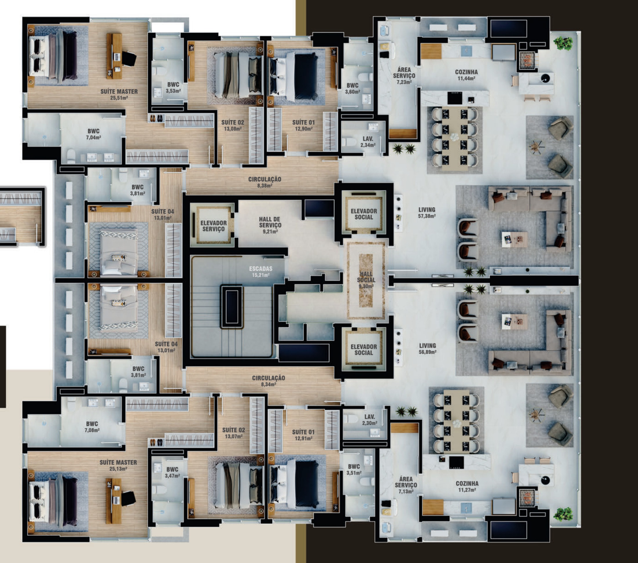 Planta do pavimento tipo do Exclusive 275, com dois apartamentos de 4 suítes por andar