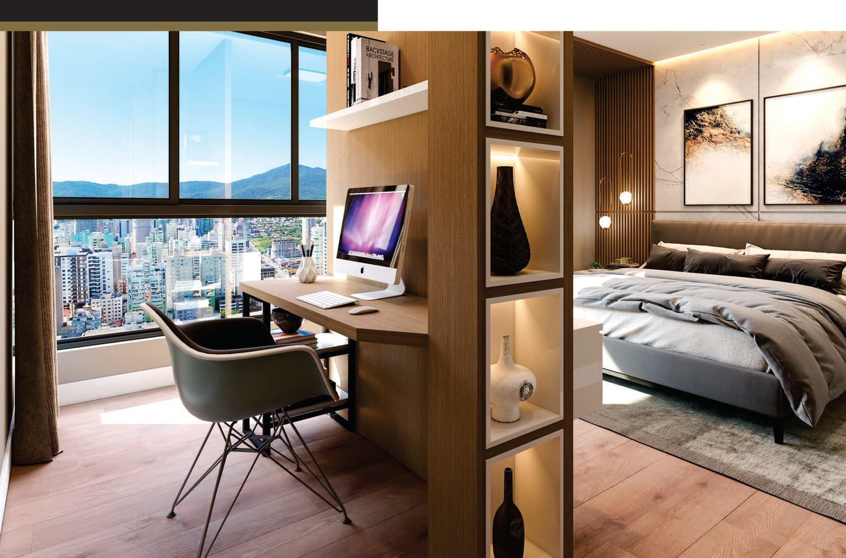 Suíte master de um apartamento do Exclusive 275, em Meia Praia