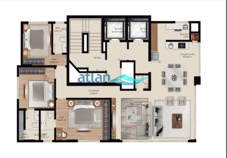 Planta do apartamento de 128 m² com 3 suítes do Ezè Residence, na Meia Praia, Itapema