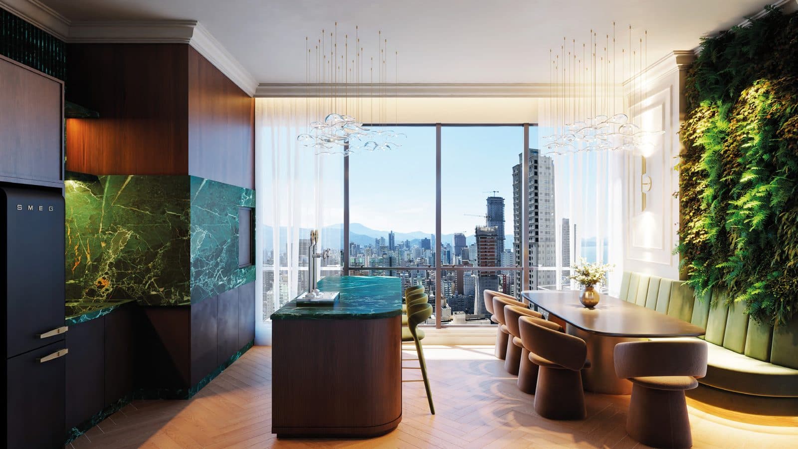 Espaço gourmet do Florêncio Tower com ilha de mármore e vista da cidade