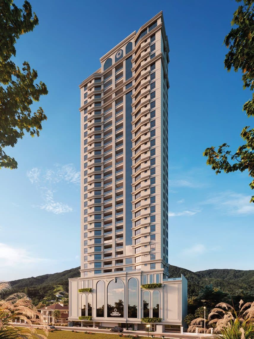 A torre inteira do Florêncio Tower, de dia, com o rooftop no topo dos 31 andares