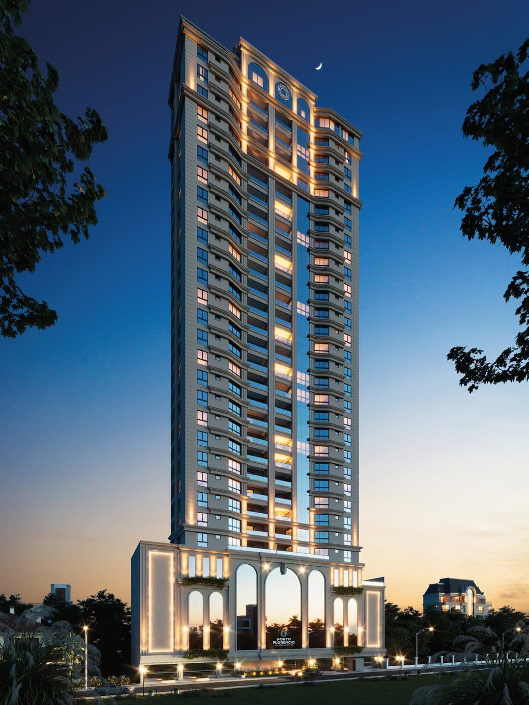Fachada do Florêncio Tower ao entardecer, com as janelas acesas, na Rua 304, Meia Praia