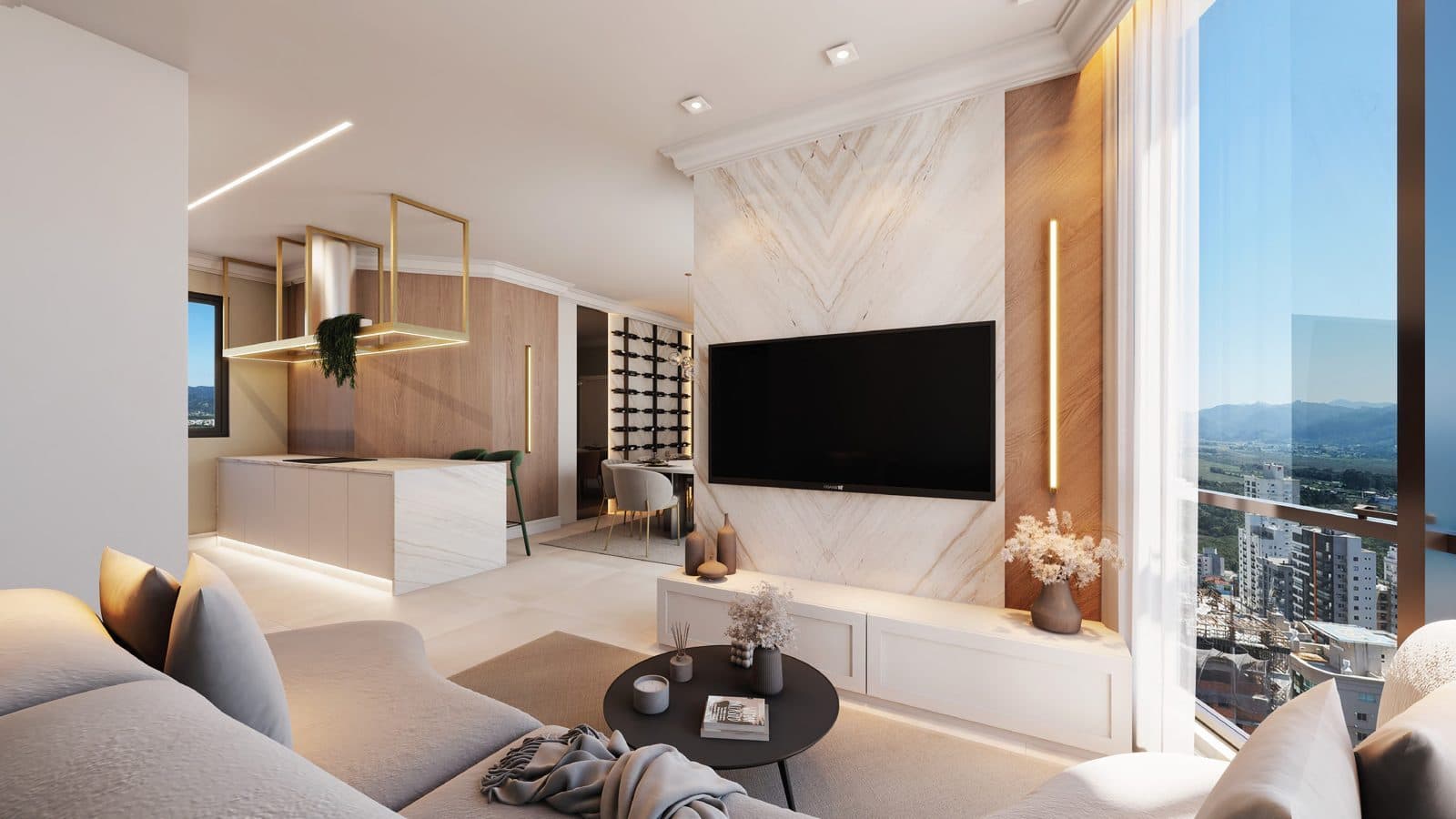 Living integrado à cozinha de um apartamento de 3 suítes do Florêncio Tower