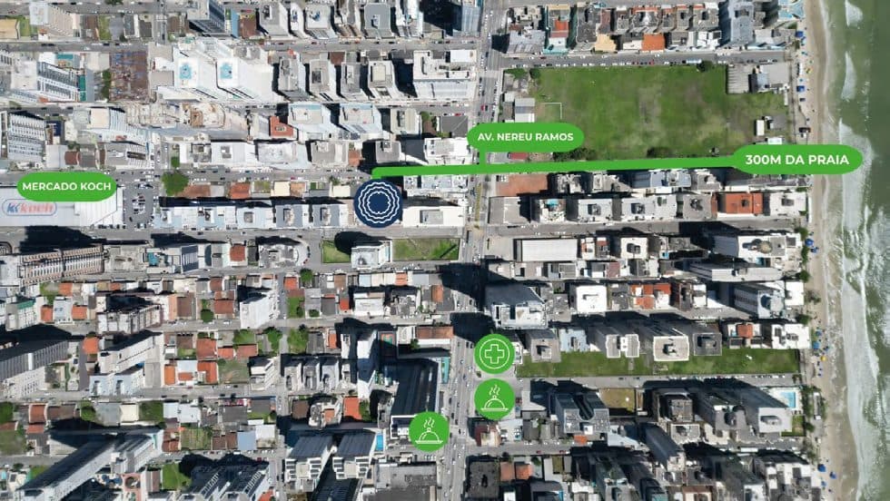 Mapa do Florêncio Tower na Rua 304, a 300 metros da praia, perto da Avenida Nereu Ramos e do Mercado Koch