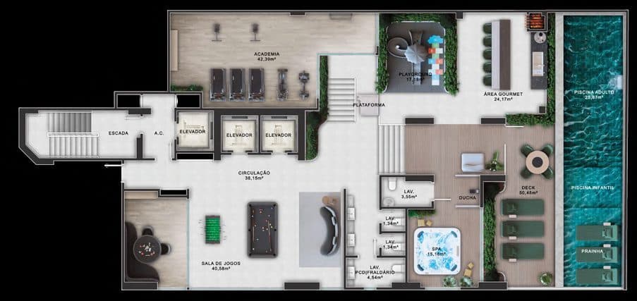 Planta humanizada do lazer do 5º andar do Florêncio Tower, com 338,31 m²