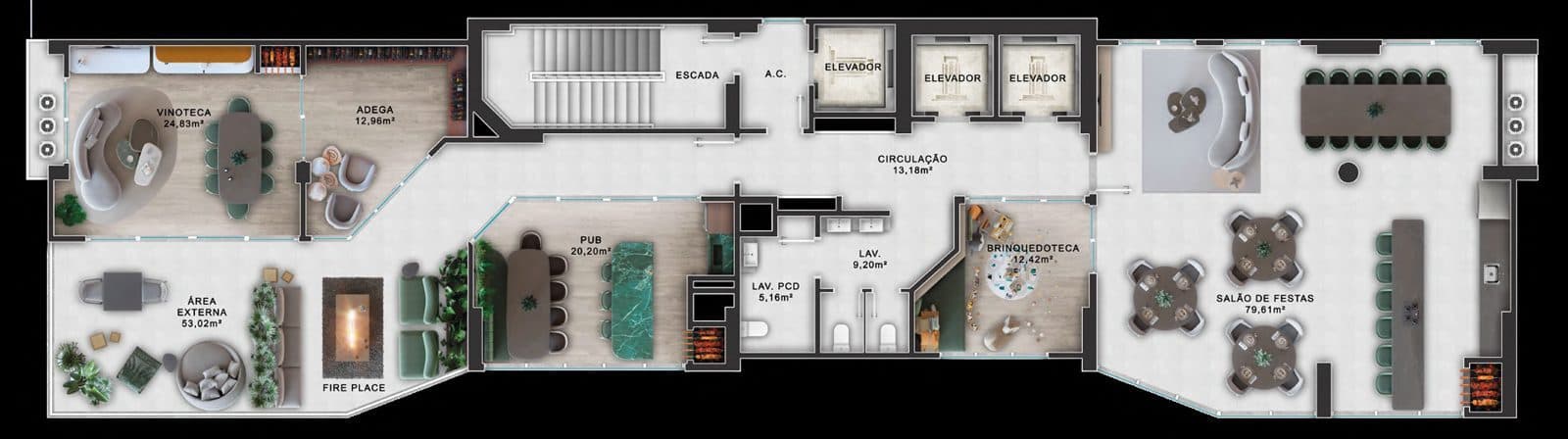 Planta humanizada do rooftop do Florêncio Tower, com 256,29 m²