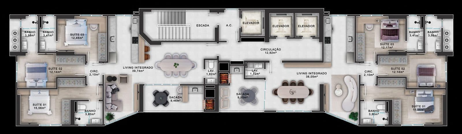Planta dos apartamentos finais 01 e 02 do Florêncio Tower, com 3 suítes e 120 m²