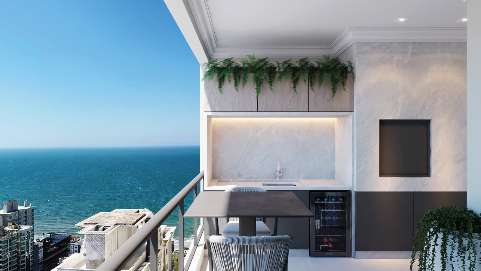 Sacada gourmet com churrasqueira e vista para o mar do Florêncio Tower