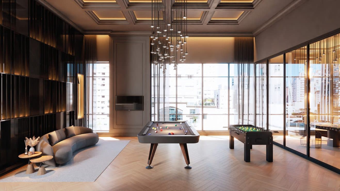 Sala de jogos com sinuca e pebolim do Florêncio Tower
