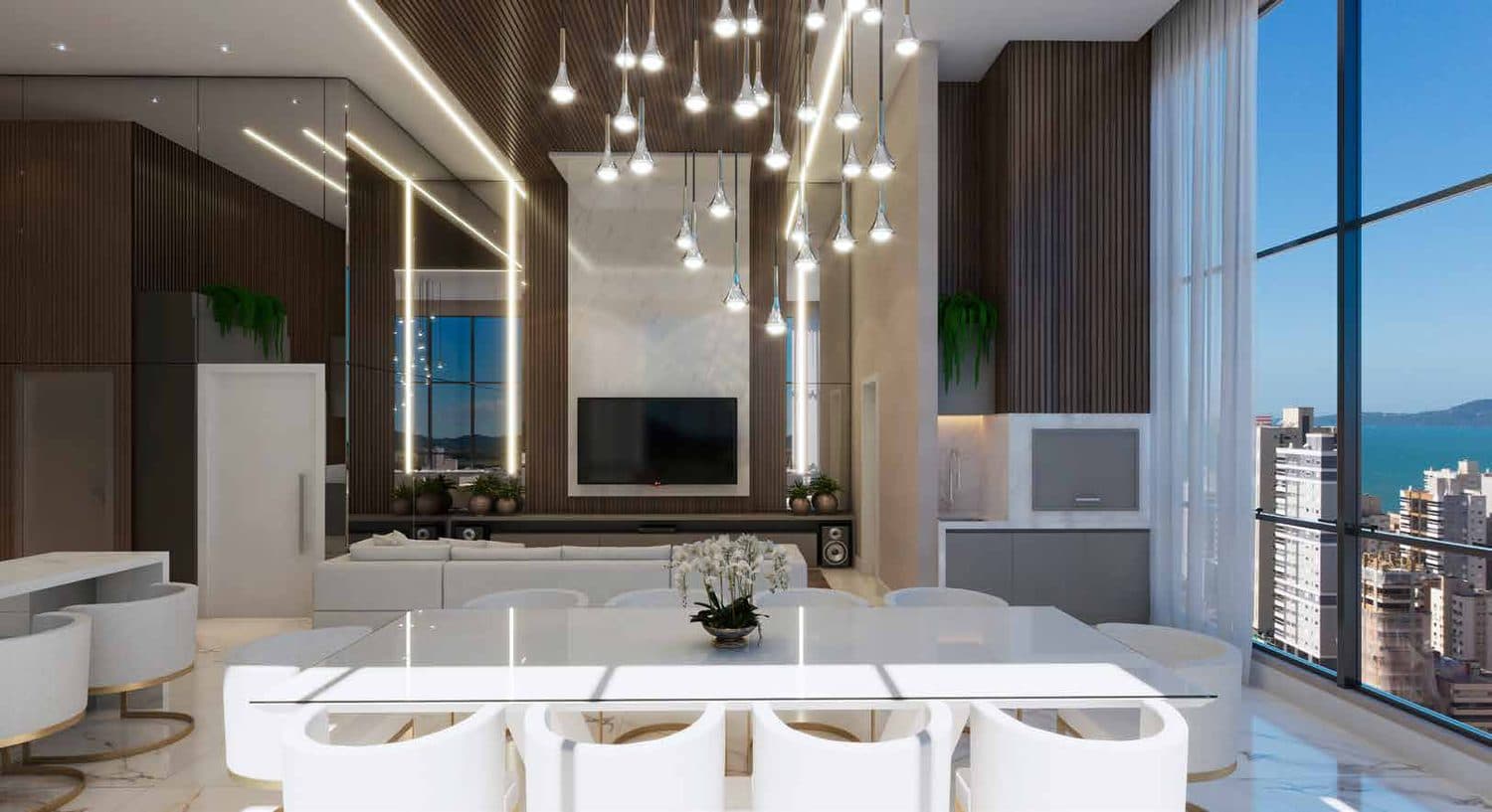 Living da cobertura do Gran Bellagio, com pé-direito duplo de 5,04 metros e parede de vidro
