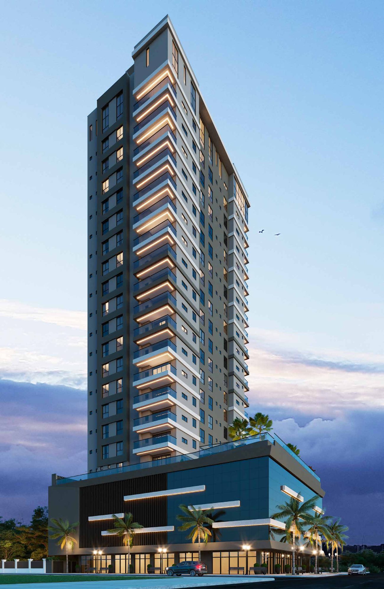 Torre do Gran Bellagio Residence ao entardecer, na Rua 254A esquina com a 3ª Avenida, Meia Praia, Itapema